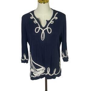 Bua Bua Womens Nautical Sailboat Navy Blue pullover blouse Embroidered Size M
